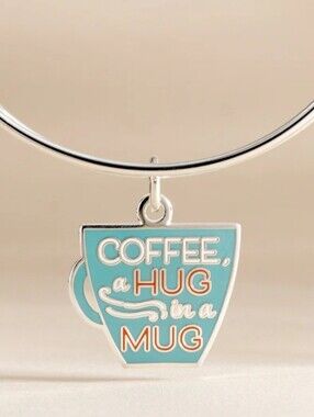 Alex and Ani Silver Bracelet with Teal Enamel 'Coffee Hug in a Mug' Charm